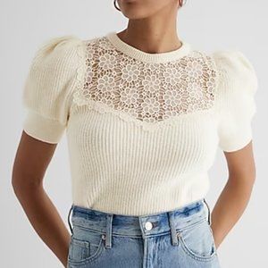 Express Medium Crew Neck Puff Sleeve Lace Sweater